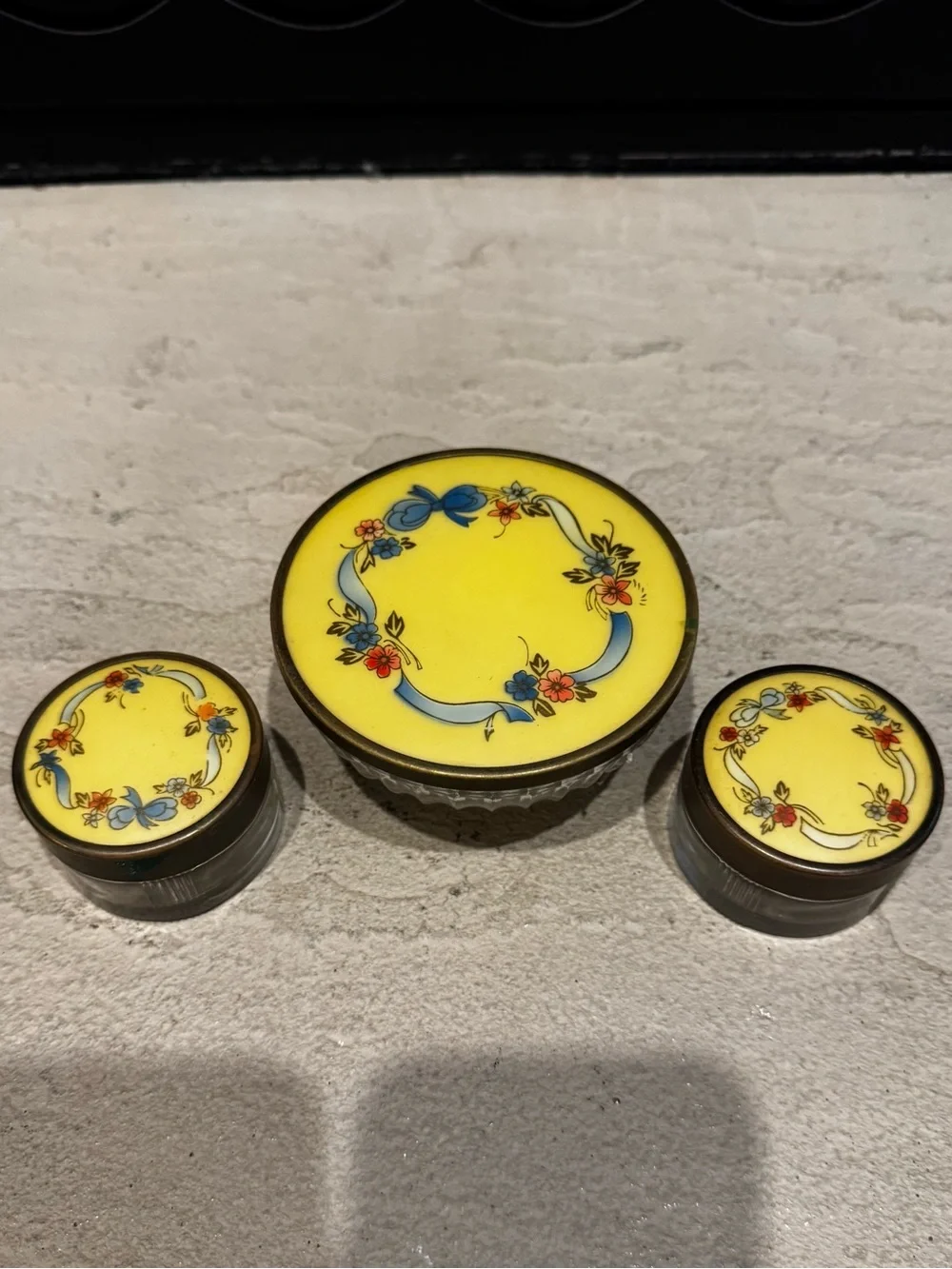 Yellow Floral Enamel Vanity Tray Set - Decorative Bathroom Jars